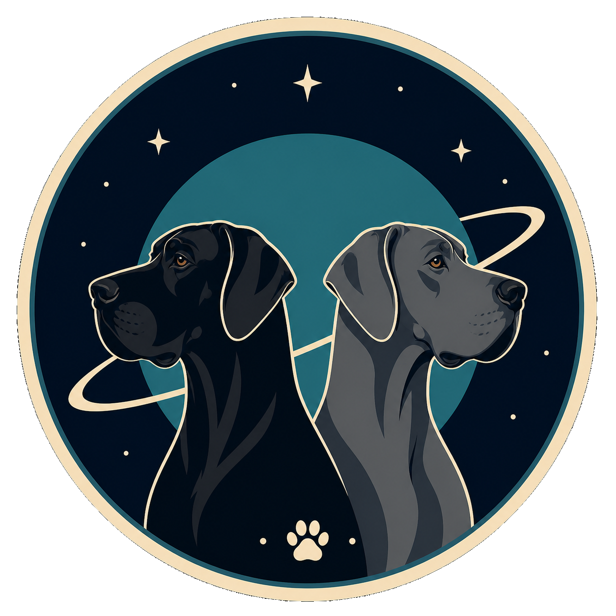 Two Danes Studio mission patch logo featuring two Great Danes against a deep space backdrop
